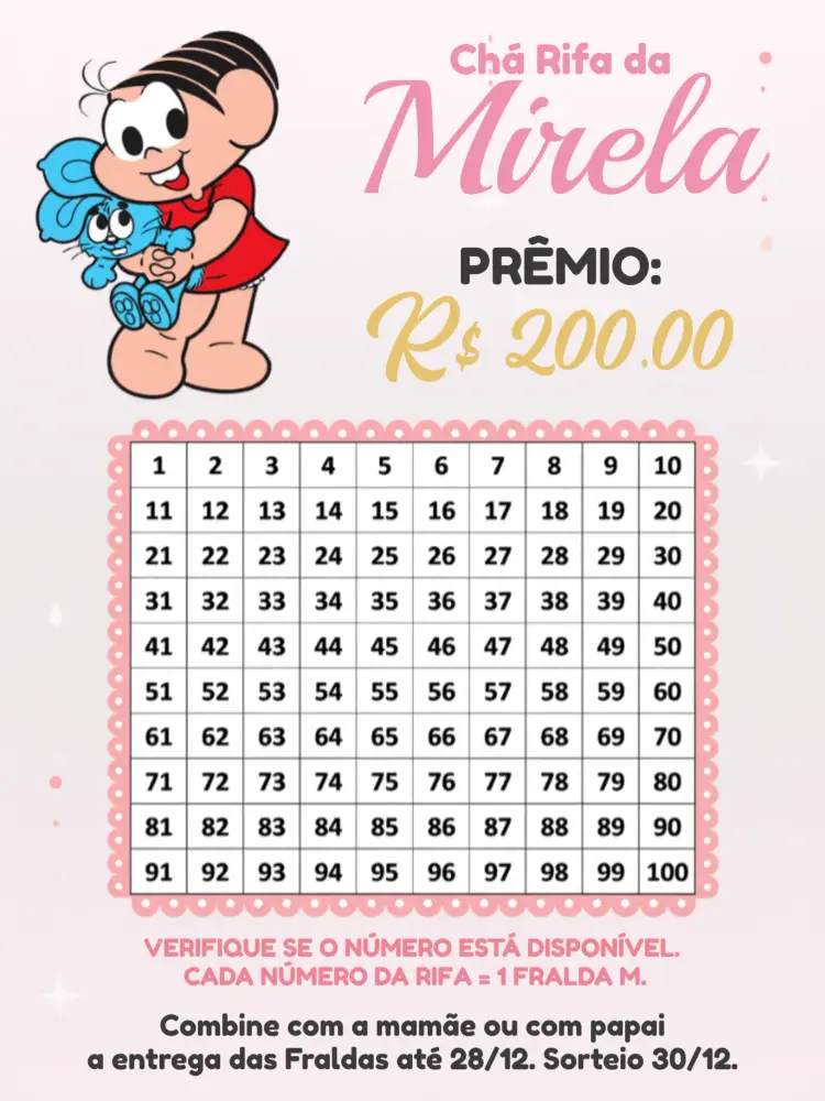 Convite Chá Rifa Turma Da Mônica Rosa editável e personalizável