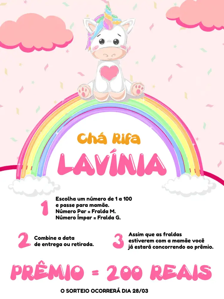 Convite Chá Rifa Unicórnio Nuvem – tema Chá Rifa fantasia, colorido, lúdico, infantil, arco-íris, divertido