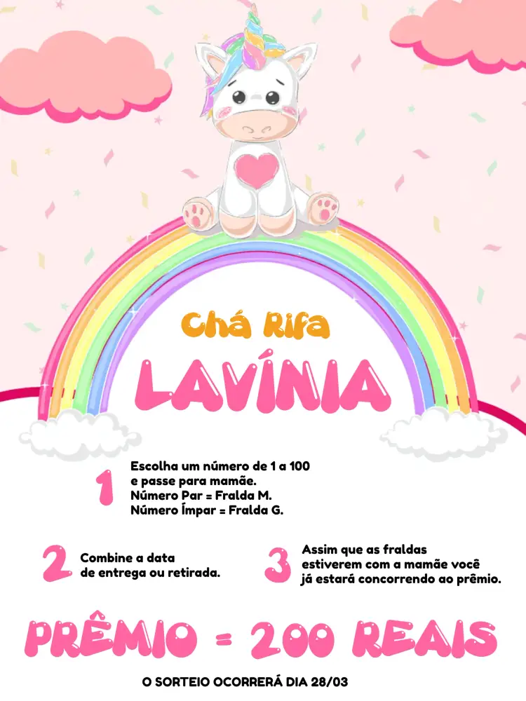 Convite Chá Rifa Unicórnio Nuvem