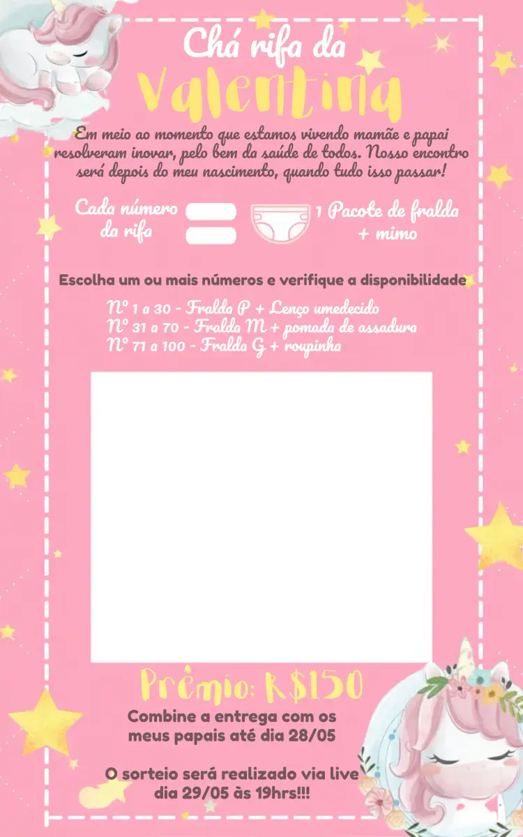 Convite Chá Rifa Unicórnio Animais – tema Chá Rifa colorido, lúdico, fantasia, safari, arco-íris, baby shower