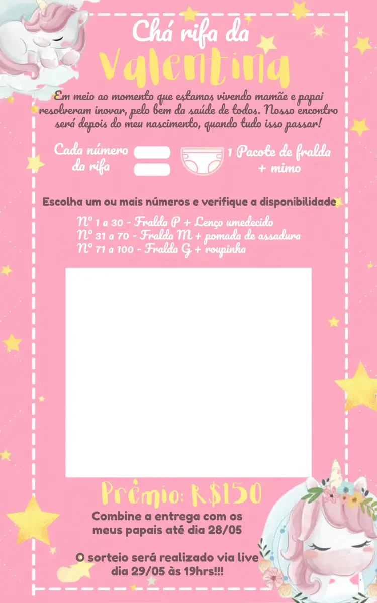 Convite Chá Rifa Unicórnio Animais editável e personalizável