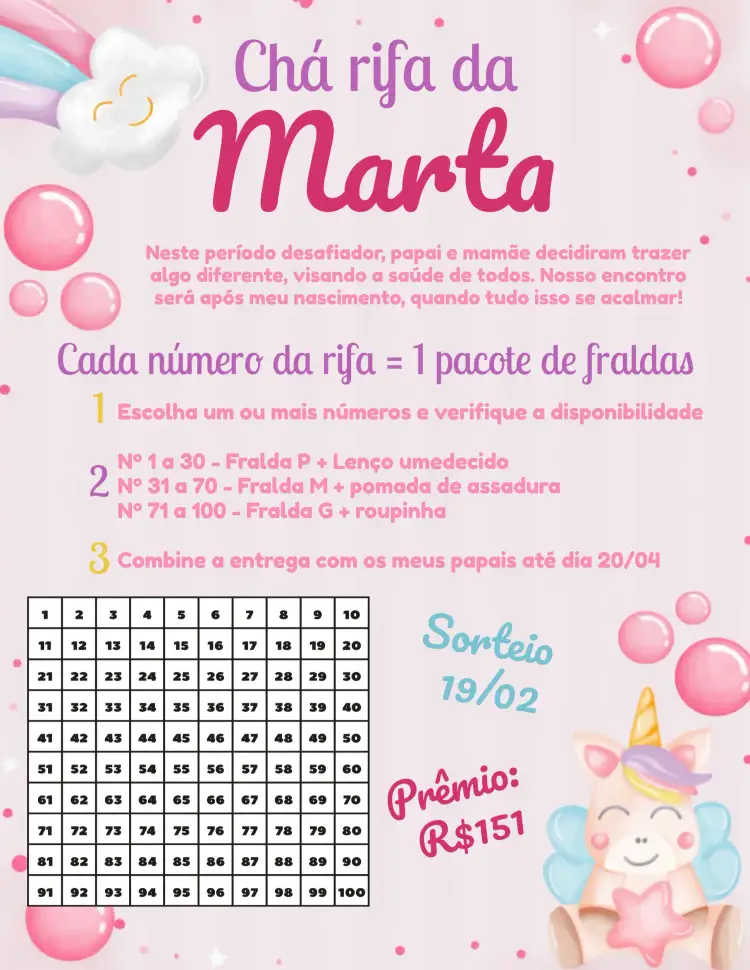 Convite Chá Rifa Unicórnio Aquarela – tema Chá Rifa aquarela, colorido, lúdico, infantil, fantasia