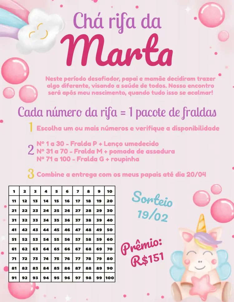 Convite Chá Rifa Unicórnio Aquarela