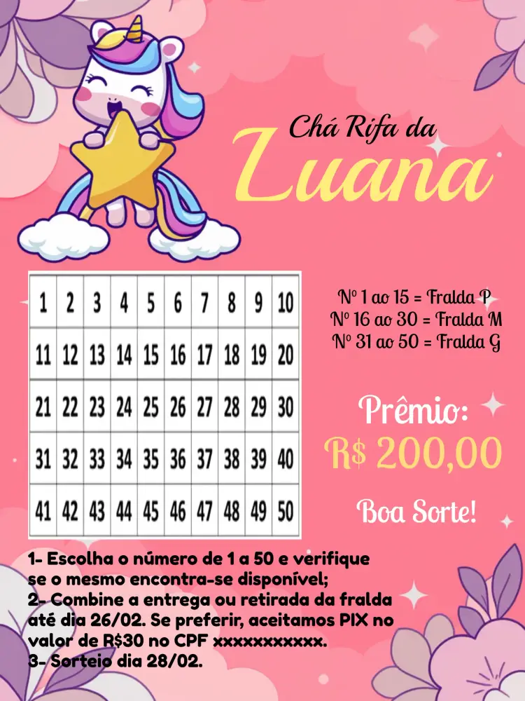 Convite Chá Rifa Unicórnio Fralda