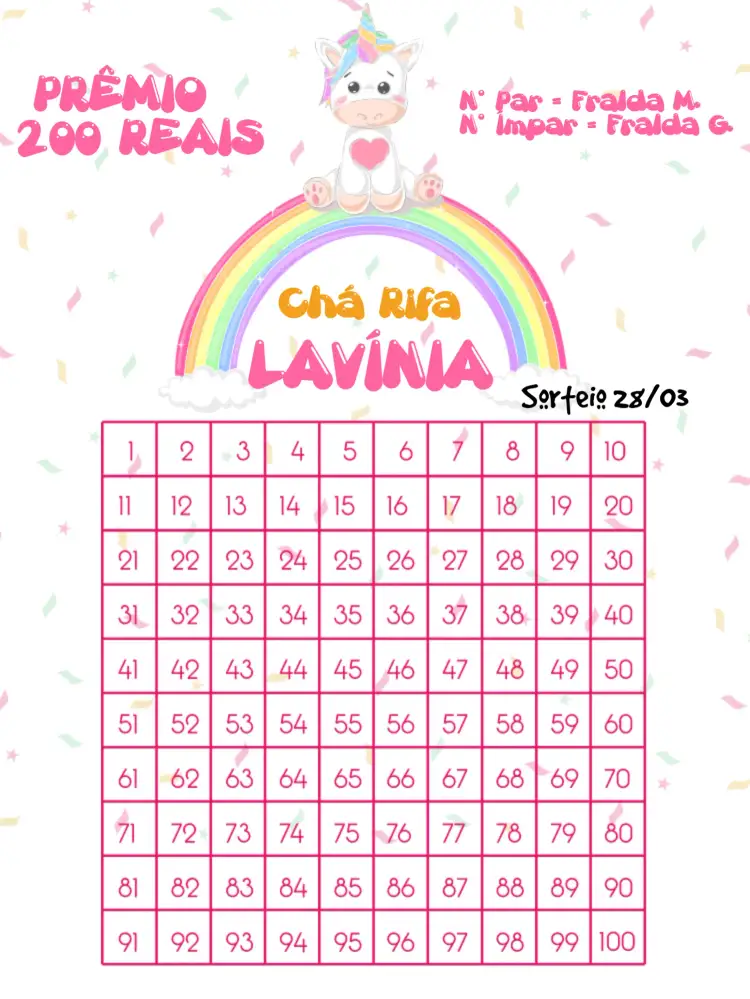 Convite Chá Rifa Unicórnio Cha – tema Chá Rifa cores vibrantes, design lúdico, elementos gráficos de nuvens, estilo infantil, tema mágico, ilustrações de unicórnio