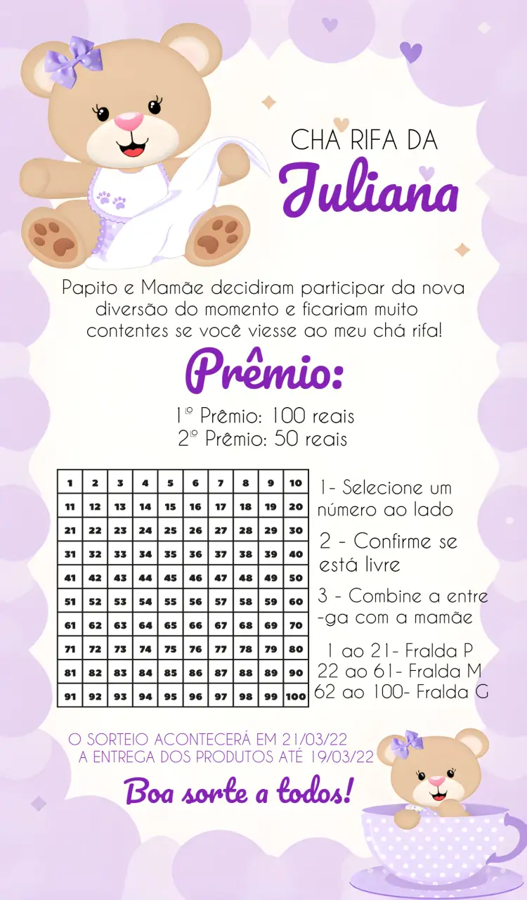 Convite Chá Rifa Ursinha Numeros
