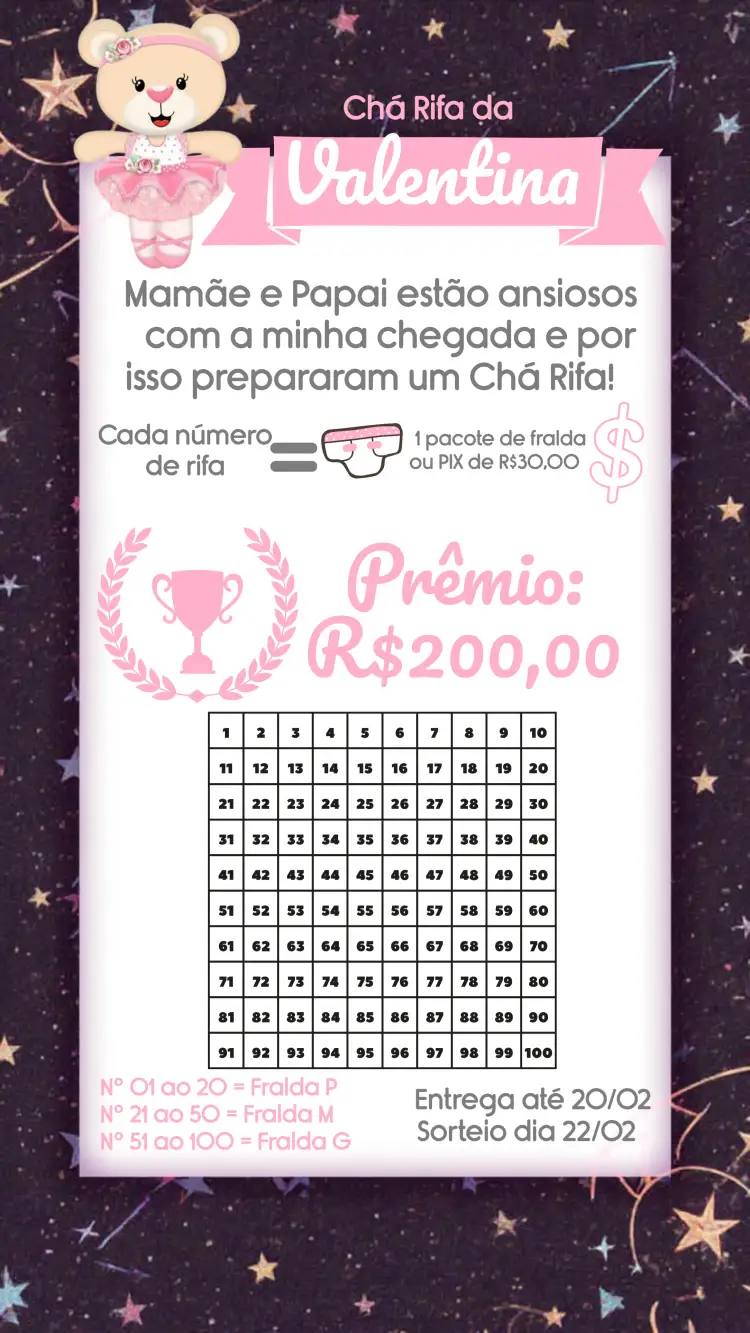 Convite Chá Rifa Ursinha Bailarina Menina – tema Chá Rifa rosa, branco, floral, bailarina, moderno, infantil