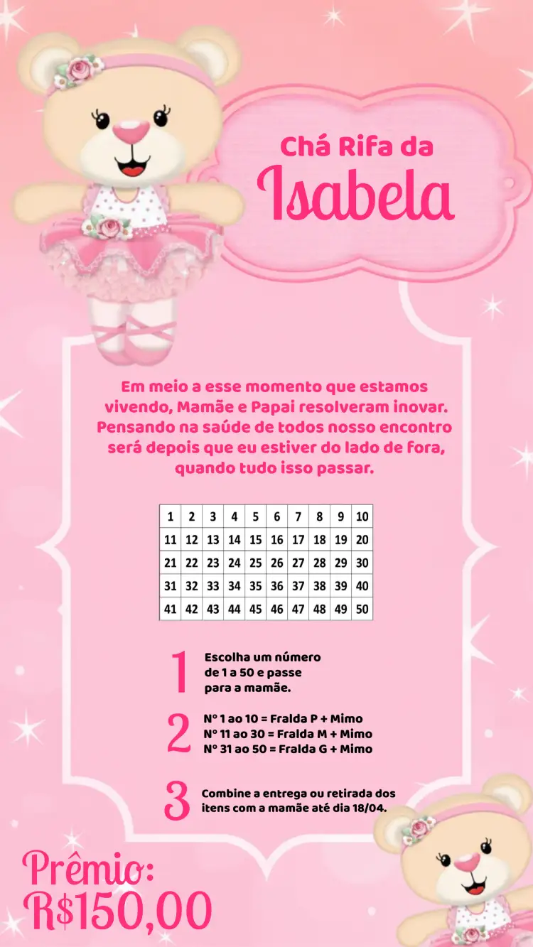 Convite Chá Rifa Ursinha Bailarina Rosa – tema Chá Rifa rosa, floral, bailarina, princesa, feminino, infantil