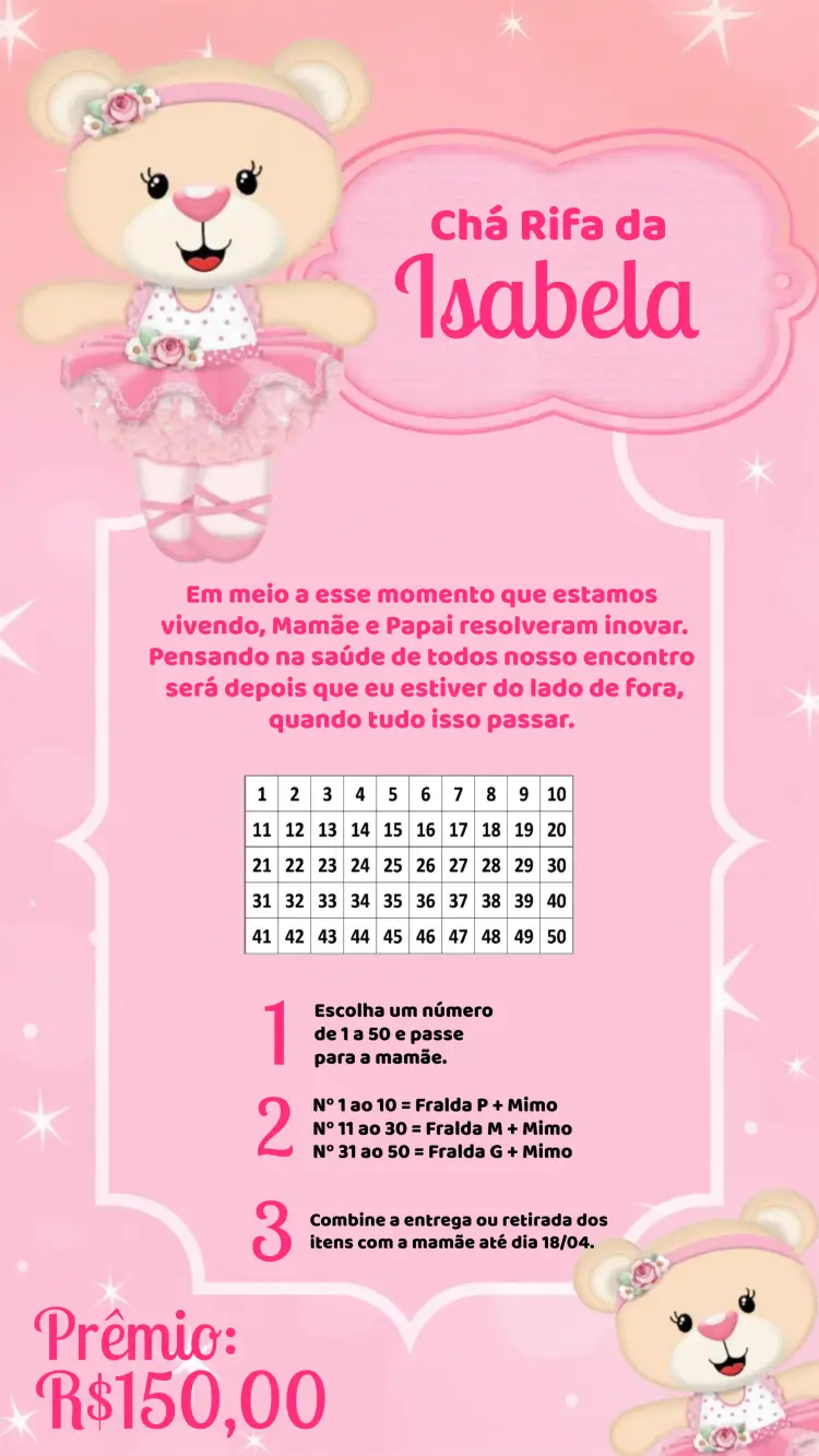 Convite Chá Rifa Ursinha Bailarina Rosa