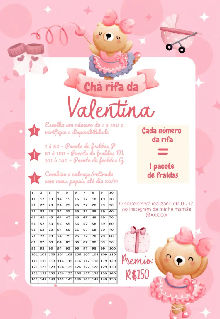 Convite Chá Rifa Ursinha Bailarina – tema Chá Rifa rosa suave, bailarinas, ursinhos fofos, estilo infantil, design lúdico, elementos gráficos delicados