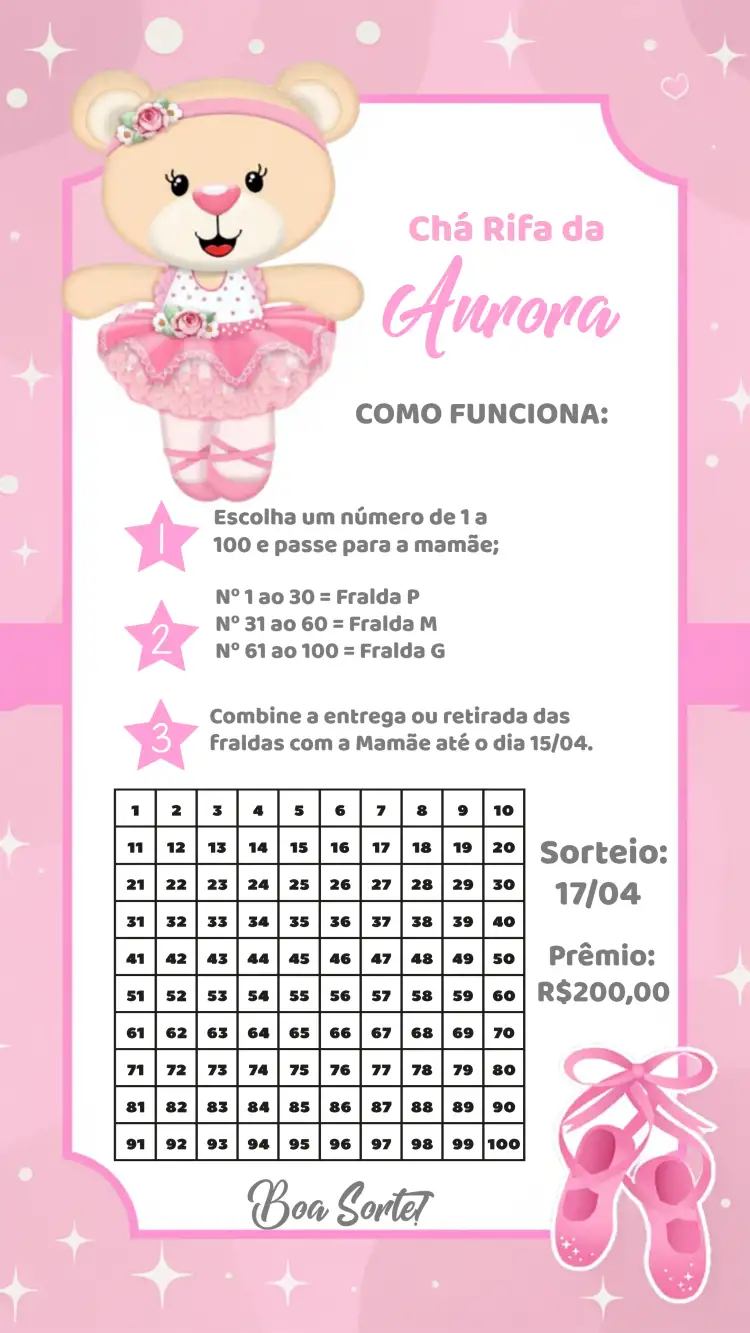 Convite Chá Rifa Ursinha Bailarina Menina – tema Chá Rifa rosa, branco, floral, bailarina, infantil, lúdico