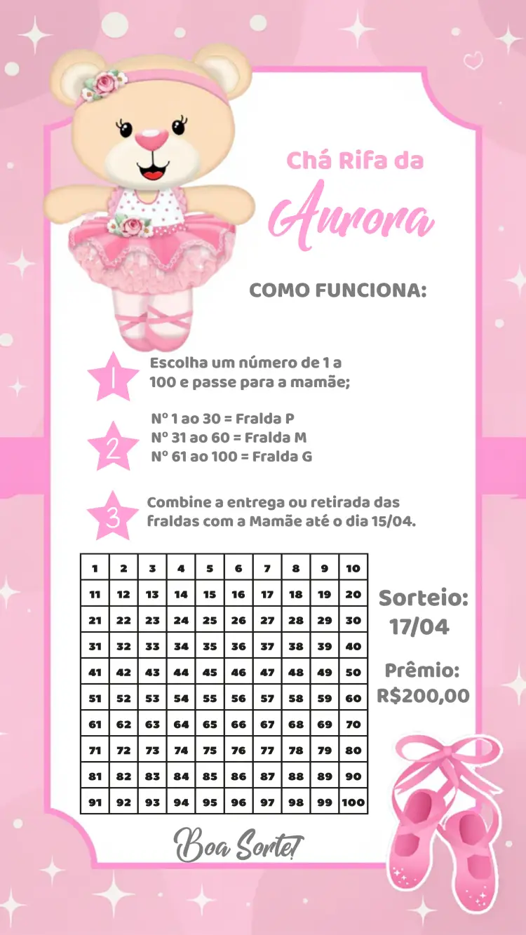 Convite Chá Rifa Ursinha Bailarina Menina