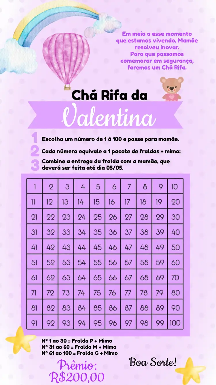 Convite Chá Rifa Ursinha Cartela – tema Chá Rifa lilás, fofo, colorido, infantil, balões, chaleira