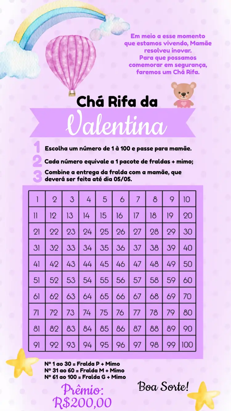 Convite Chá Rifa Ursinha Cartela
