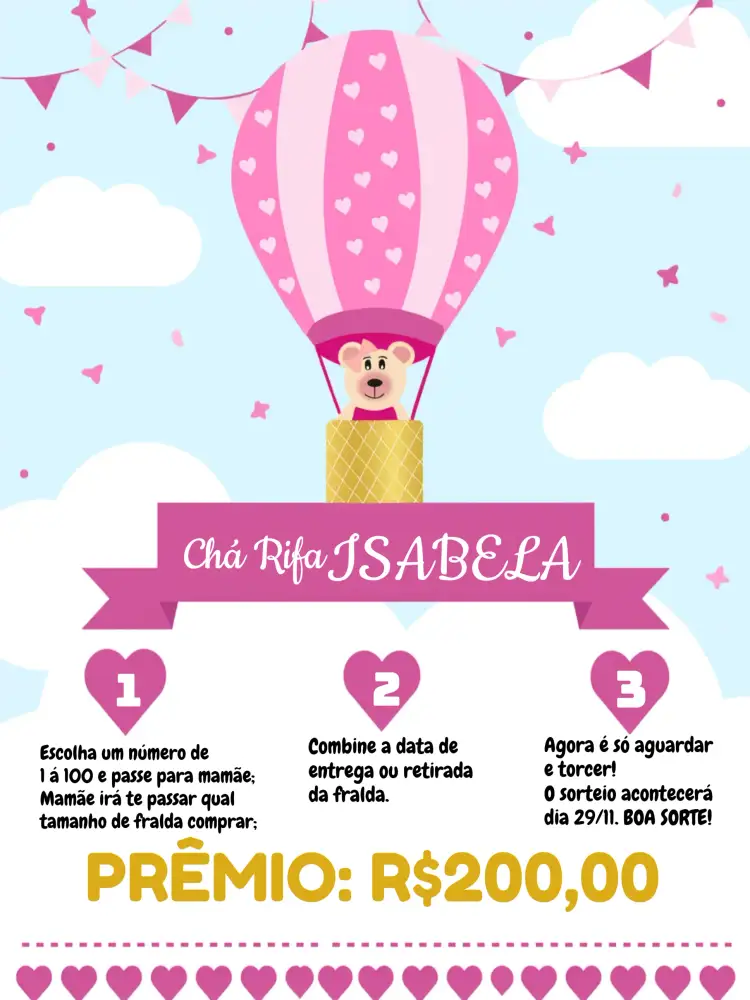 Convite Chá Rifa Ursinha Baloeira Céu – tema Chá Rifa fofo, lúdico, colorido, infantil, delicado, festivo