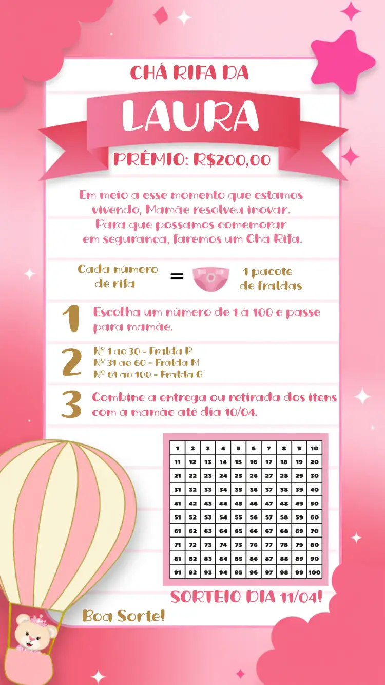 Convite Chá Rifa Ursinha Baloeira Bebe – tema Chá Rifa rosa, dourado, branco, lúdico, infantil, moderno