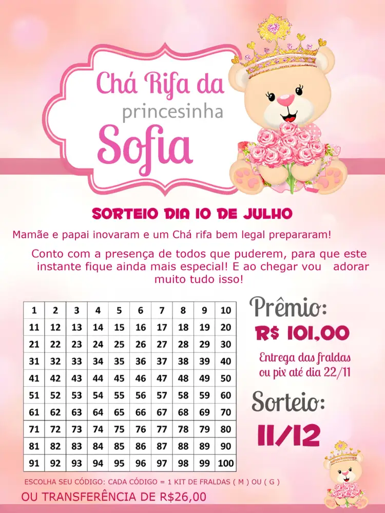 Convite Chá Rifa Ursinha Baloeira Princesa – tema Mais pesquisados rosa, lúdico, infantil, delicado, divertido