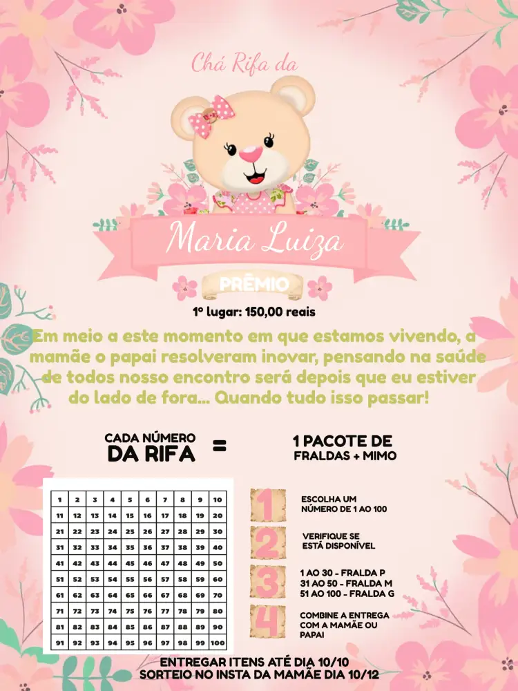 Convite Chá Rifa Ursinha Baloeira Bebê – tema Chá Rifa rosa e dourado, ursinha, baloeira, festa infantil, moderno, divertido