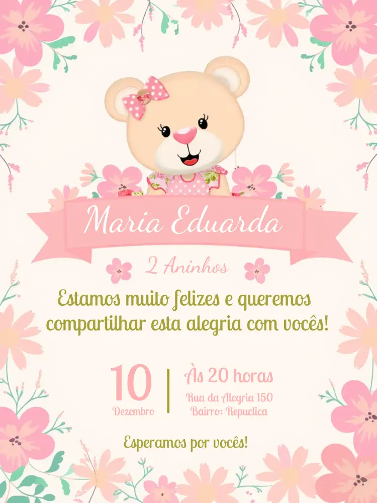 Convite Chá Rifa Ursinha Baloeira Pink – tema Chá Rifa rosa, dourado, verde, fofo, infantil, divertido