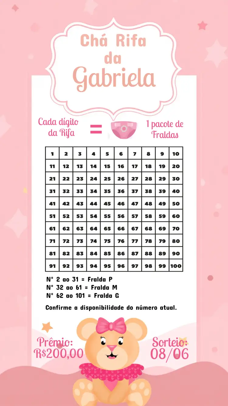 Convite Chá Rifa Ursinha Cartela – tema Chá Rifa floral, rosa, minimalista, lúdico, infantil, moderno