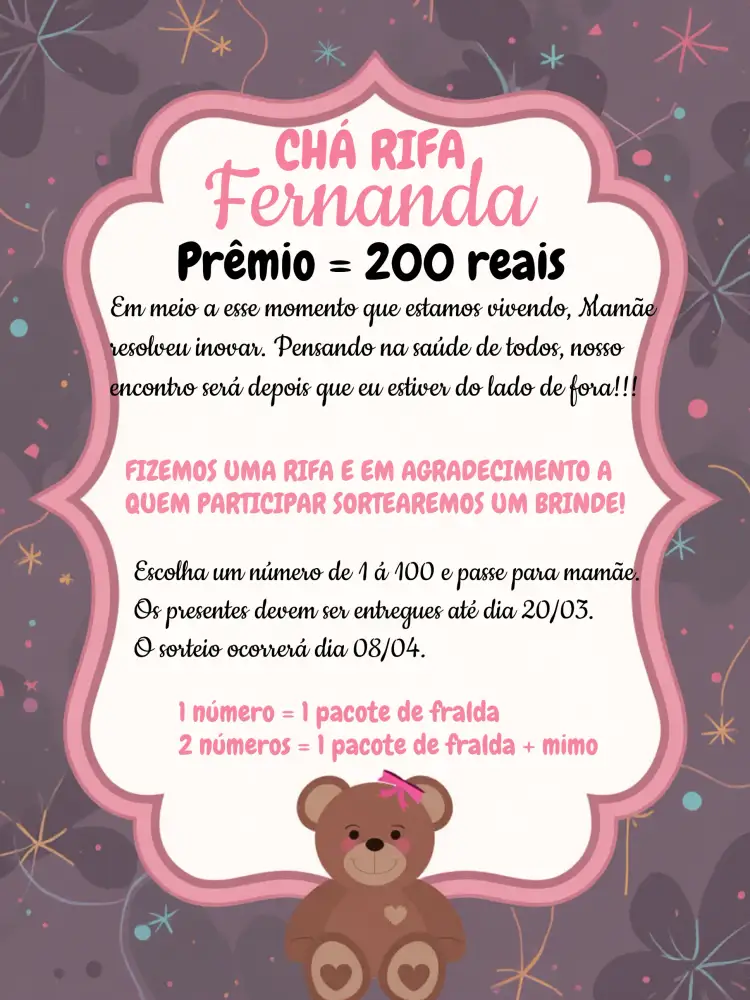 Convite Chá Rifa Ursinha Rosa – tema Chá Rifa rosa suave, branco delicado, ilustrações de ursos, estilo infantil, design alegre