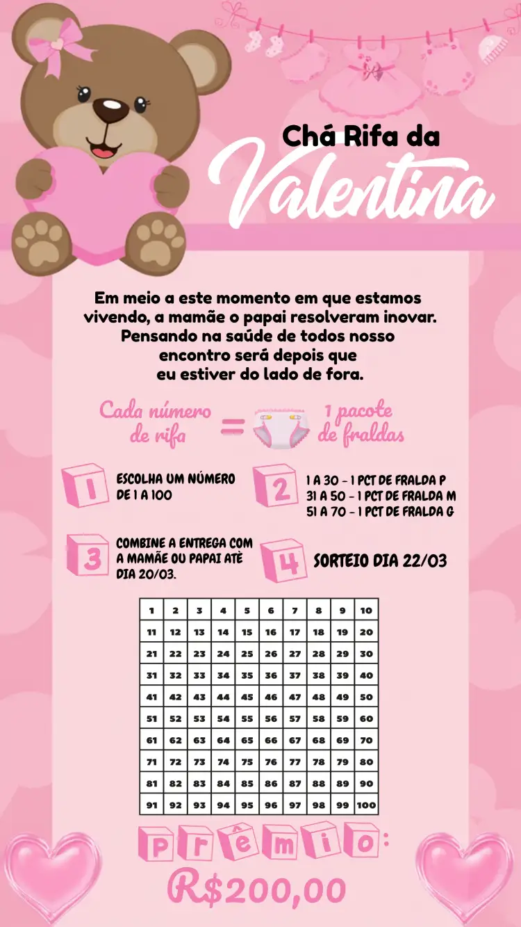 Convite Chá Rifa Ursinha Branco – tema Chá Rifa delicado, realeza, fofo, elegante, infantil, rosa e branco