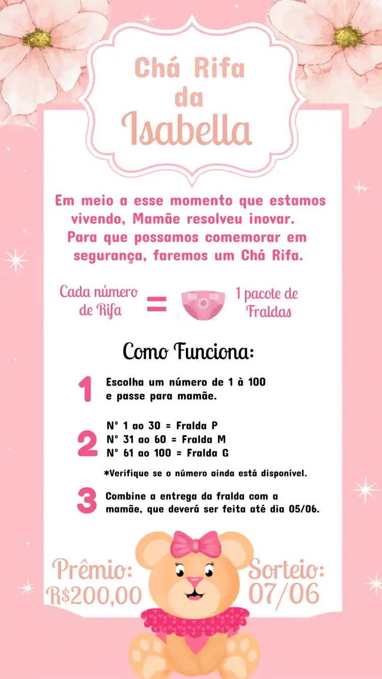 Convite Chá Rifa Ursinha Laço – tema Chá Rifa floral, rosa, delicado, infantil, moderno