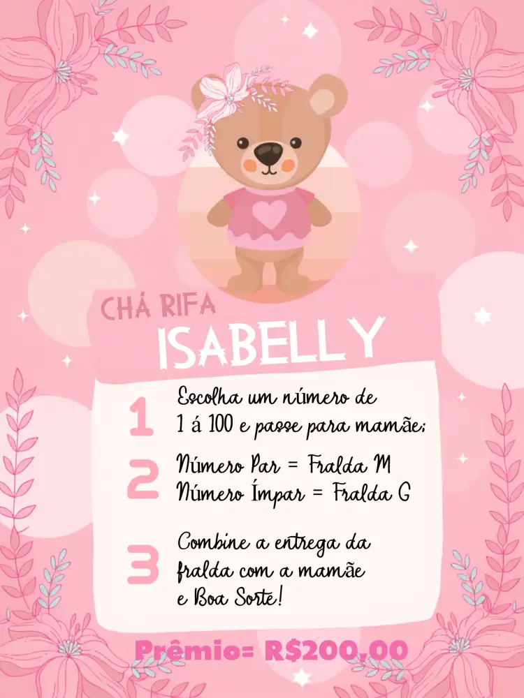 Convite Chá Rifa Ursinha Floral Bencao – tema Chá Rifa floral, rosa, lilás, branco, fofo, infantil