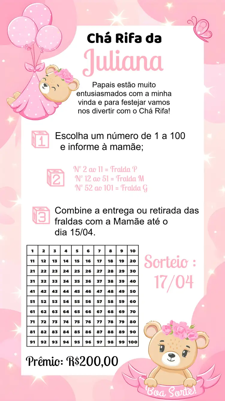 Convite Chá Rifa Ursinha Fralda – tema Chá Rifa floral, rosa, delicado, infantil, moderno