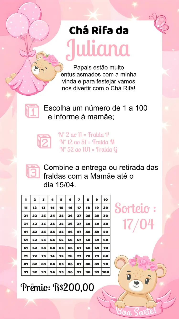 Convite Chá Rifa Ursinha Fralda