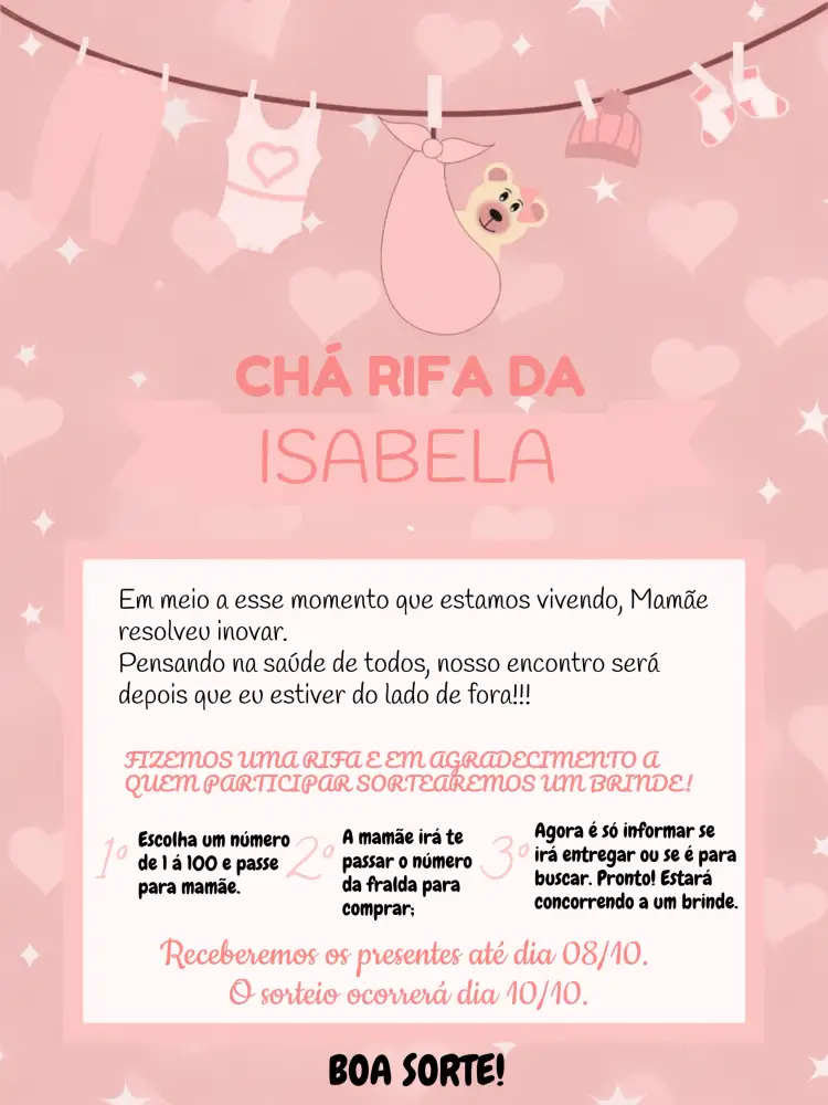 Convite Chá Rifa Ursinha Menina Rosa – tema Chá Rifa rosa, branco, lúdico, infantil, delicado, fofo