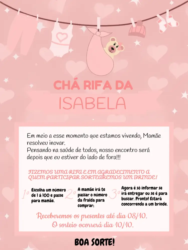Convite Chá Rifa Ursinha Menina Rosa