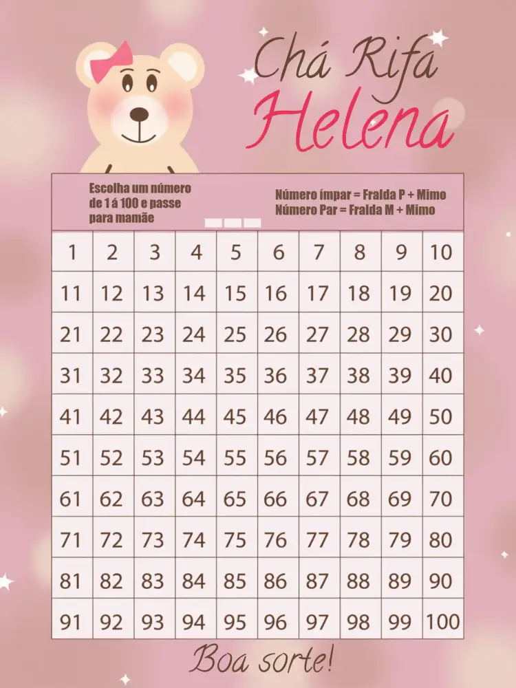 Convite Chá Rifa Ursinha Menina Laço – tema Chá Rifa rosa, marrom, branco, listras, infantil, fofo