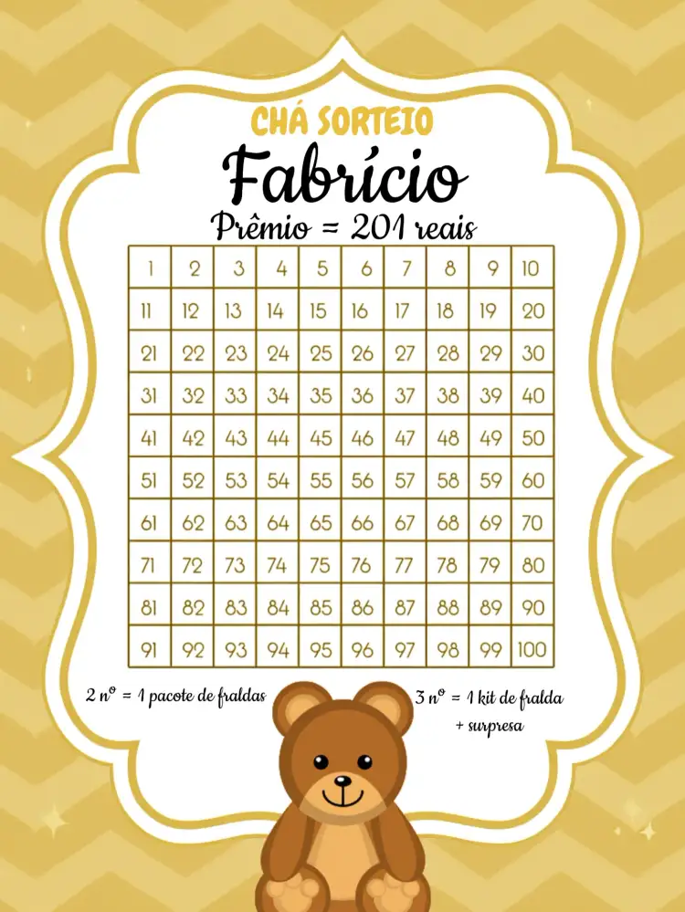 Convite Chá Rifa Ursinha Ideia – tema Chá Rifa dourado, branco, preto, moderno, divertido, infantil