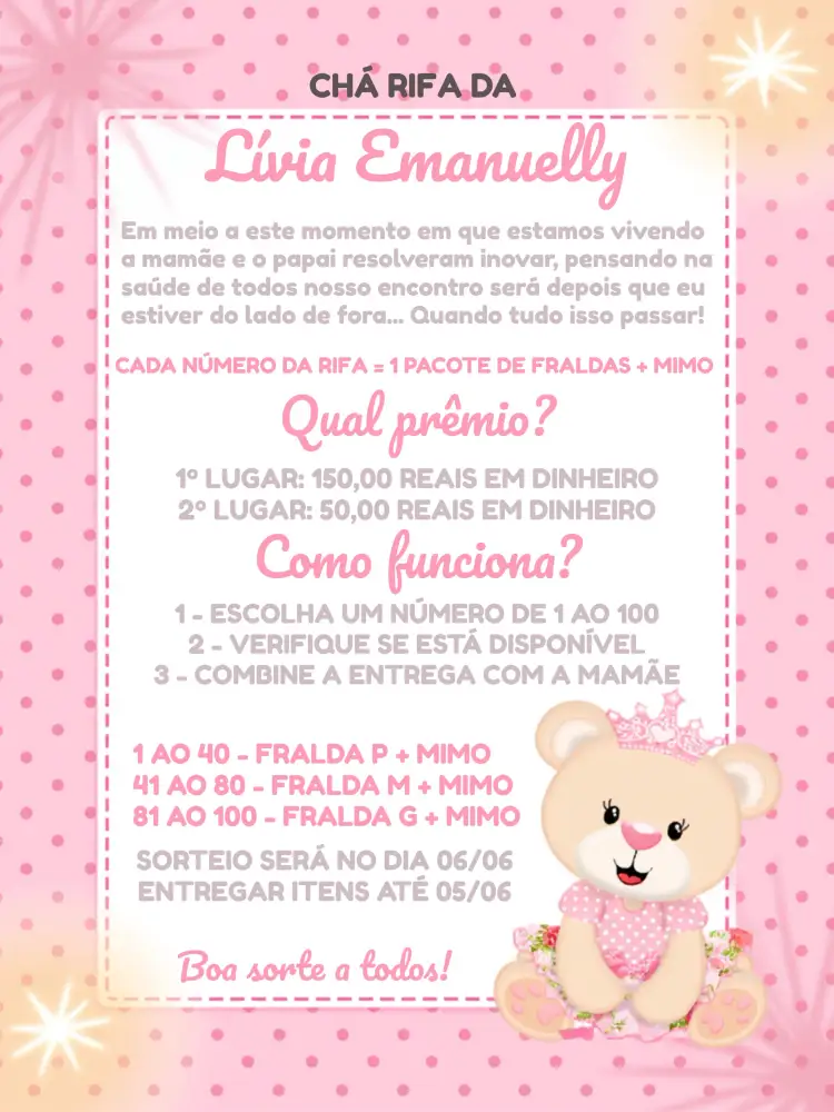 Convite Chá Rifa Ursinha Princesa 1 – tema Chá Rifa rosa e cinza, ilustração de ursinha, estilo delicado, festa infantil, tema princesa, toques neutros