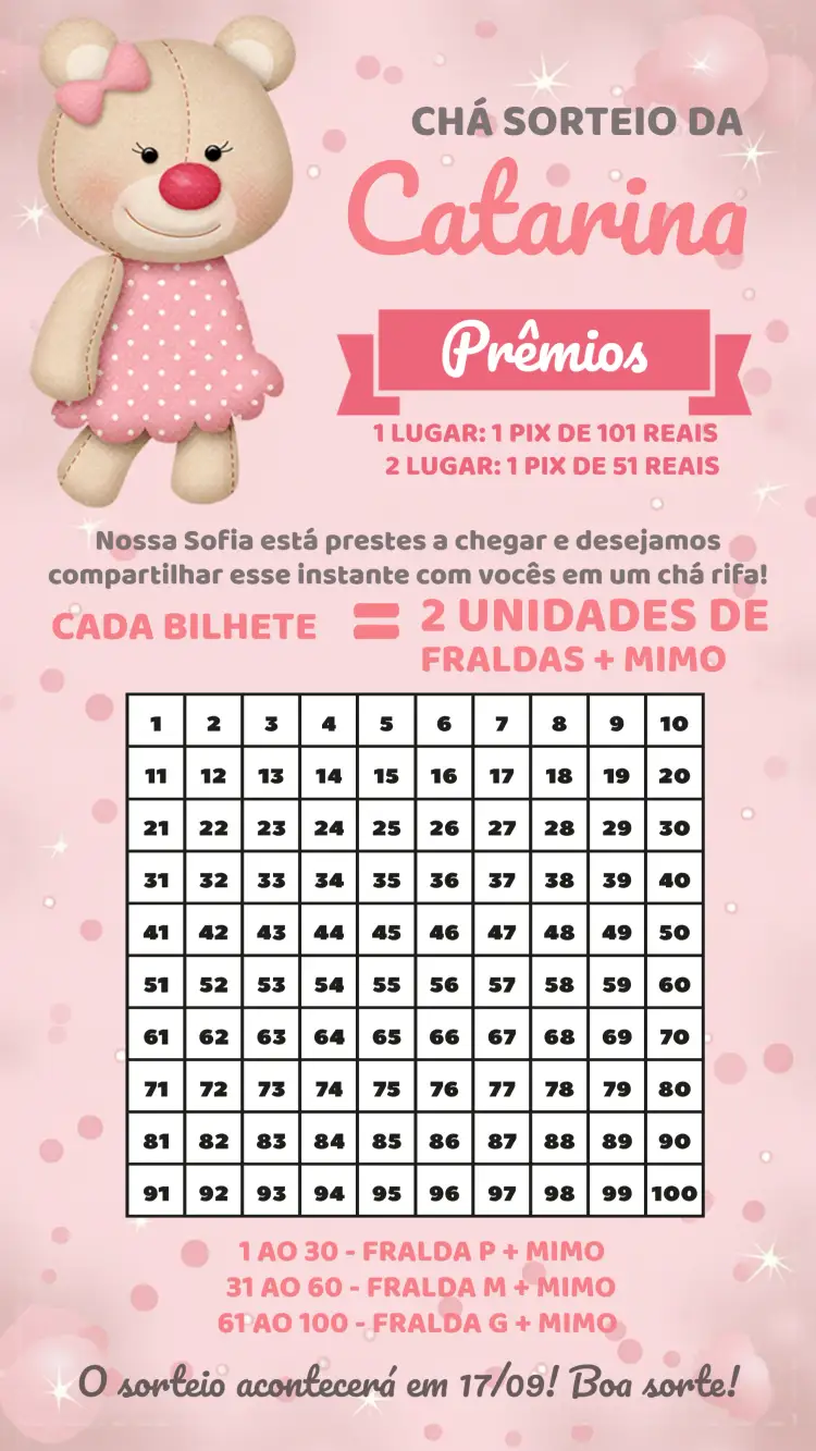 Convite Chá Rifa Ursinha Princesa – tema Chá Rifa delicado, feminino, moderno, lúdico, suave, princesa