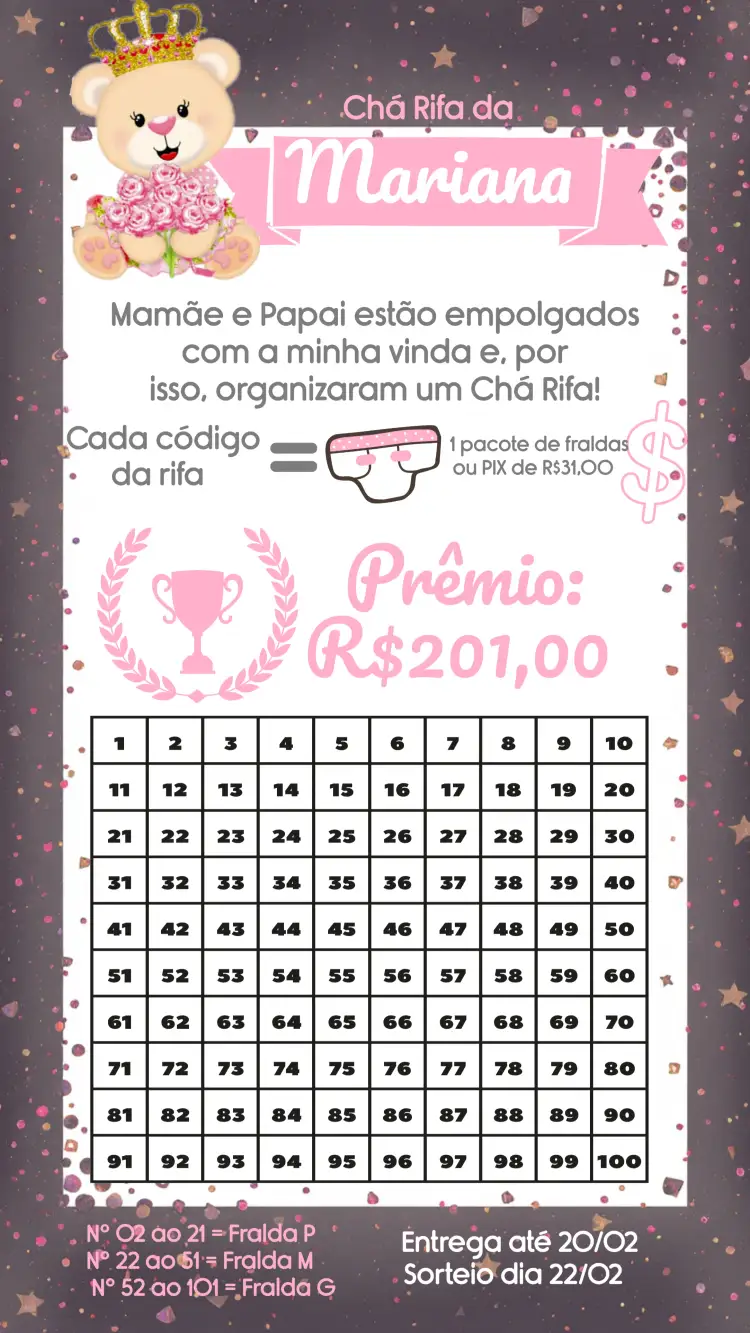Convite Chá Rifa Ursinha Princesa Menina – tema Chá Rifa rosa, branco, infantil, princesa, ursinha, delicado