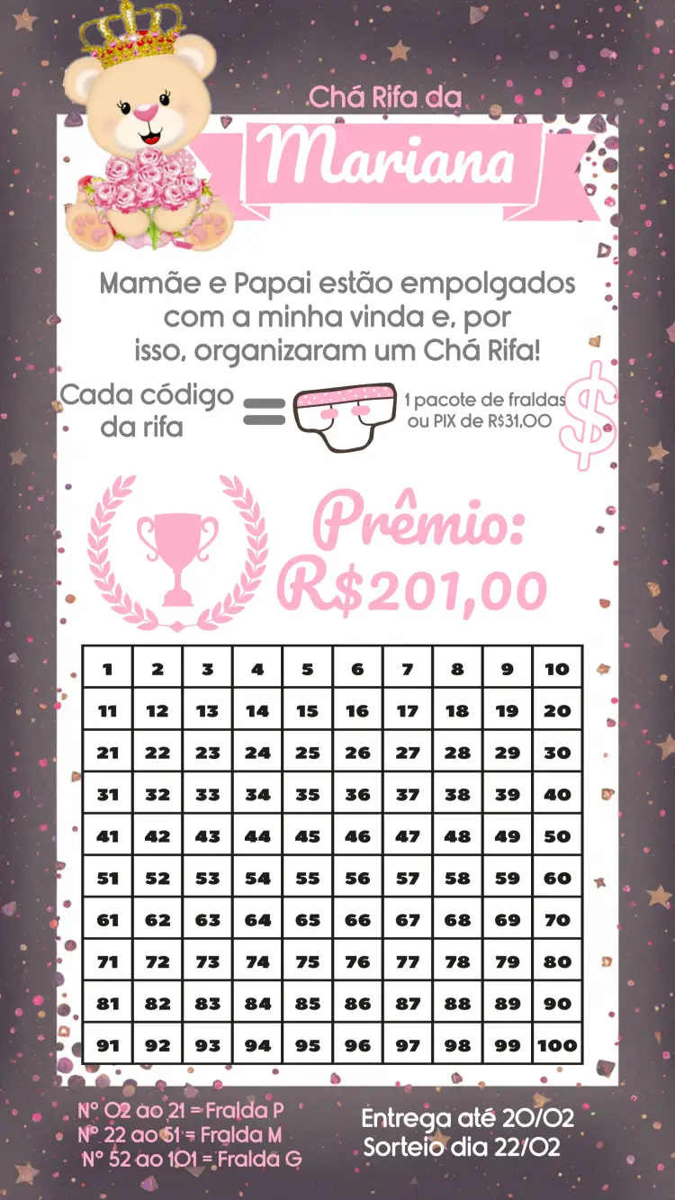 Convite Chá Rifa Ursinha Princesa Menina