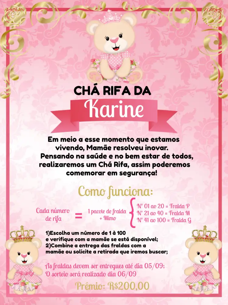 Convite Chá Rifa Ursinha Princesa Cartela – tema Chá Rifa rosa, dourado, branco, fofo, princesa, infantil