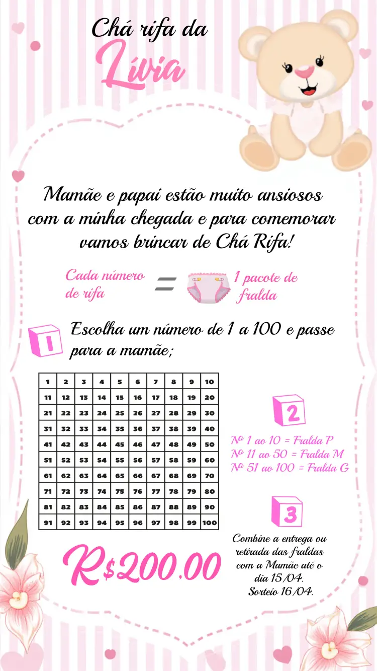 Convite Chá Rifa Ursinha Princesa Bebê – tema Chá Rifa floral, rosa, princesa, delicado, colorido