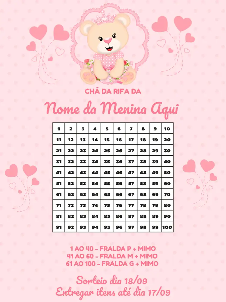 Convite Chá Rifa Ursinha Princesa Cha – tema Mais pesquisados rosa, branco, cinza, infantil, fofo, princesa