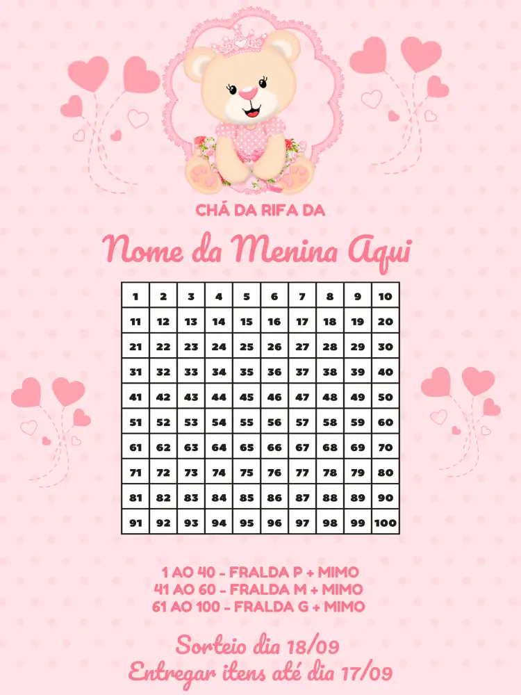 Convite Chá Rifa Ursinha Princesa Cha
