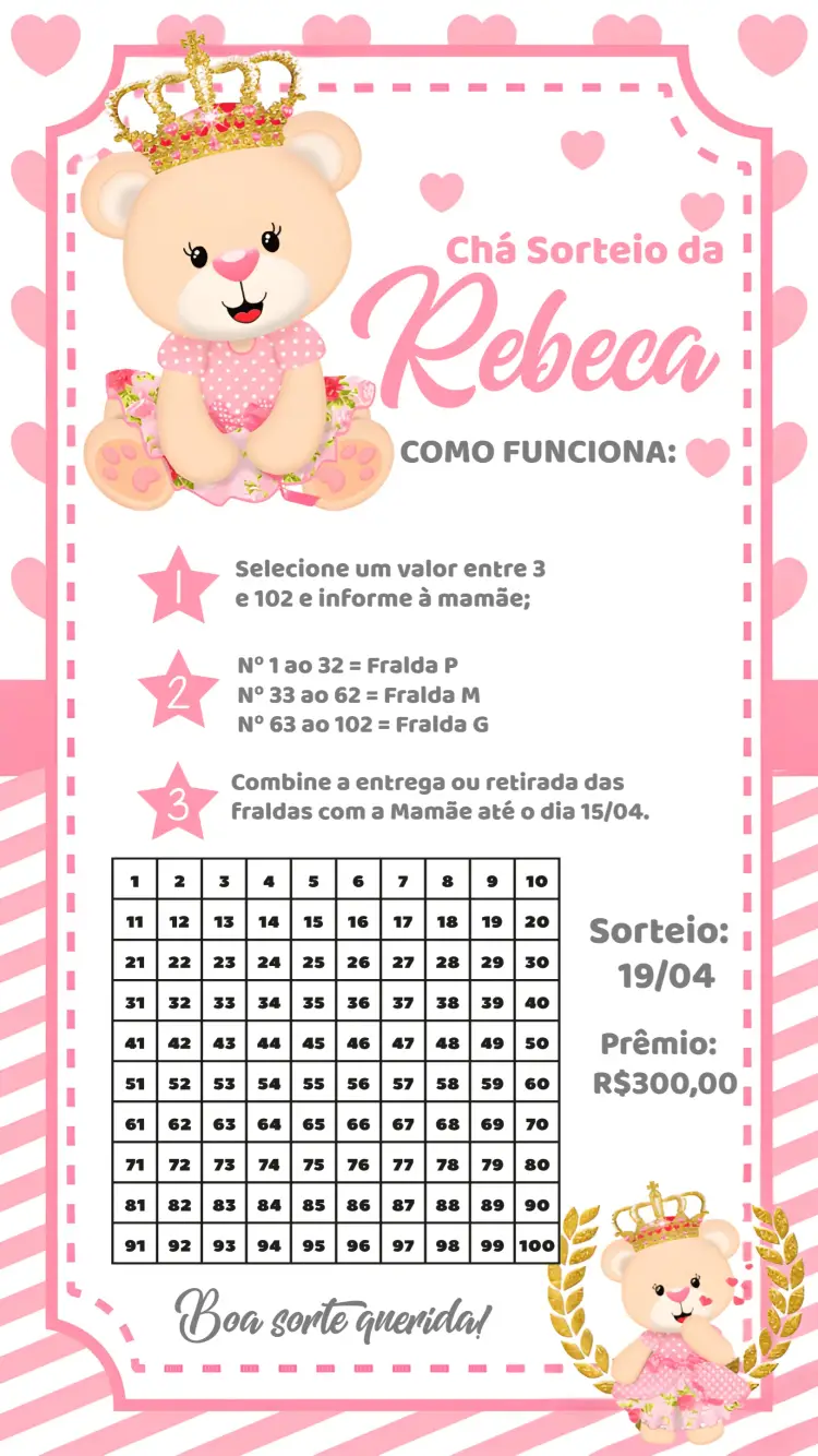 Convite Chá Rifa Ursinha Princesa Bebe editável e personalizável