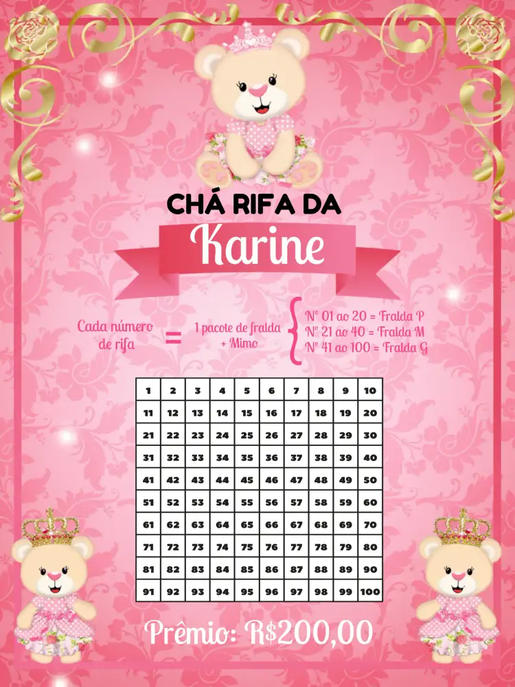 Convite Chá Rifa Ursinha Princesa Princesa.cha – tema Chá Rifa rosa, dourado, branco, infantil, princesa, lúdico