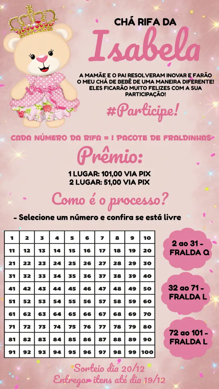 Convite Chá Rifa Ursinha Princesa Nuvem – tema Chá Rifa delicado, infantil, feminino, cores suaves, divertido