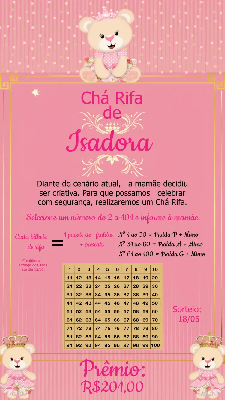 Convite Chá Rifa Ursinha Princesa C/ – tema Chá Rifa rosa, dourado, branco, infantil, princesa, lúdico