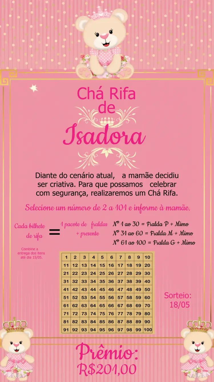Convite Chá Rifa Ursinha Princesa C/
