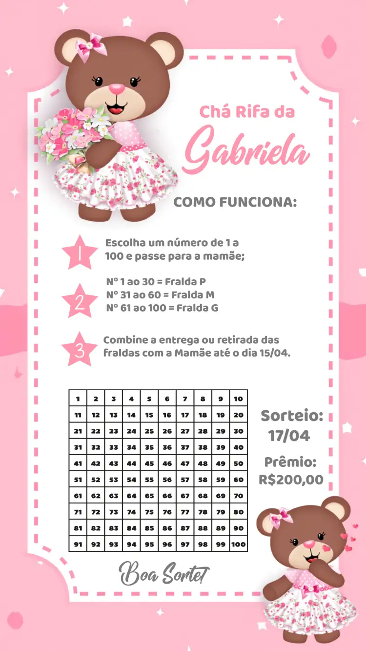 Convite Chá Rifa Ursinha Princesa Marrom – tema Chá Rifa fofa, delicada, romântica, colorida, infantil