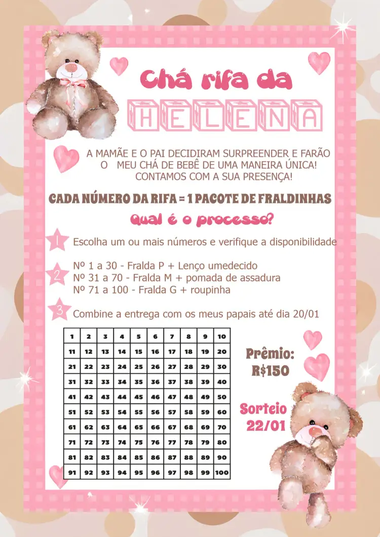 Convite Chá Rifa Ursinha De Fraldas – tema Chá Rifa rosa, lilás, infantil, ursinha, castelo, colorido