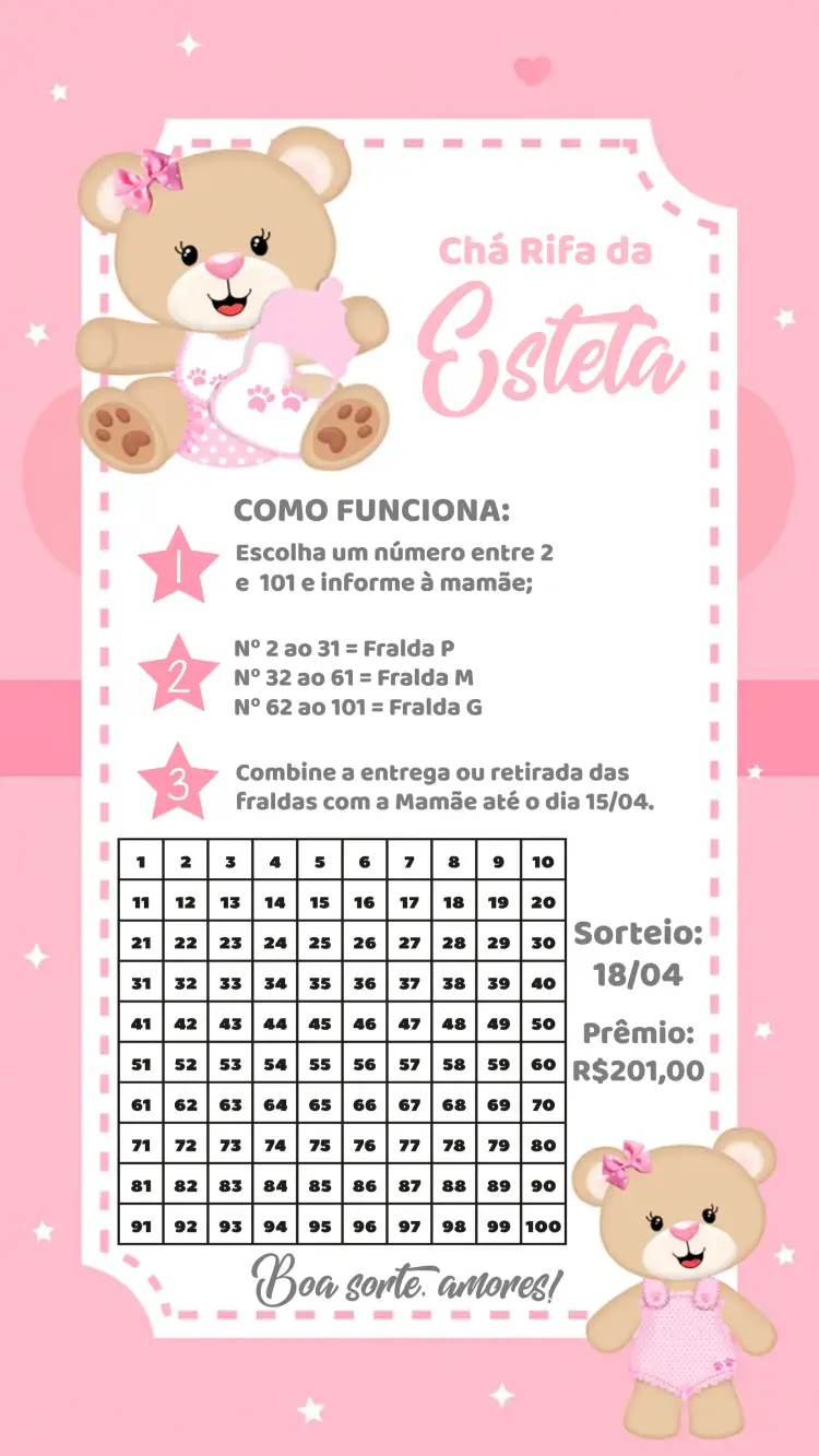 Convite Chá Rifa Ursinha Princesa – tema Chá Rifa rosa, branco, fofo, infantil, delicado, engraçado
